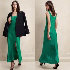 Banana Republic Factory Silky Twill Slit Maxi Dress Emerald Dream Greeen XL